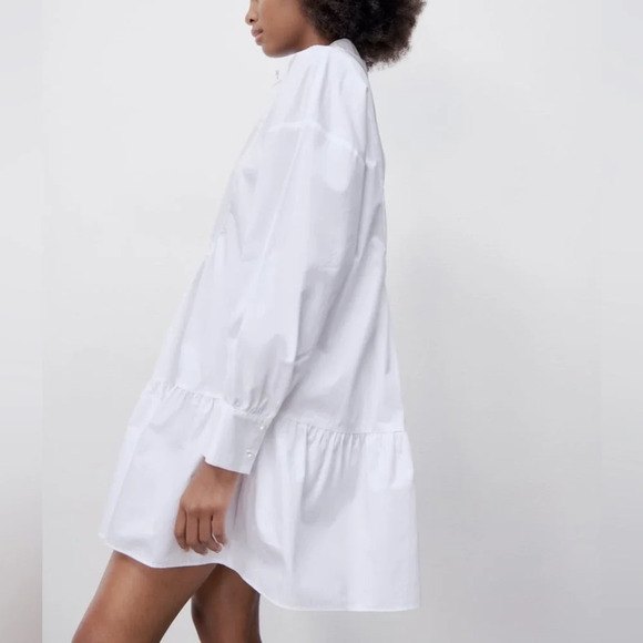 Zara White 100% Cotton Faux Pearl Buttons Voluminous Poplin Shirt Dress - Picture 4 of 12